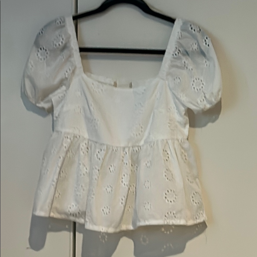 Altar'd State White Eyelet Blouse with Puff Sleeves